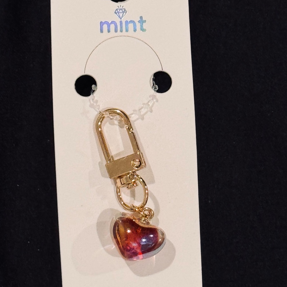 BAG CHARM Mint Gold and Iridescent Orange Purple Heart Keychain Zipper Pull